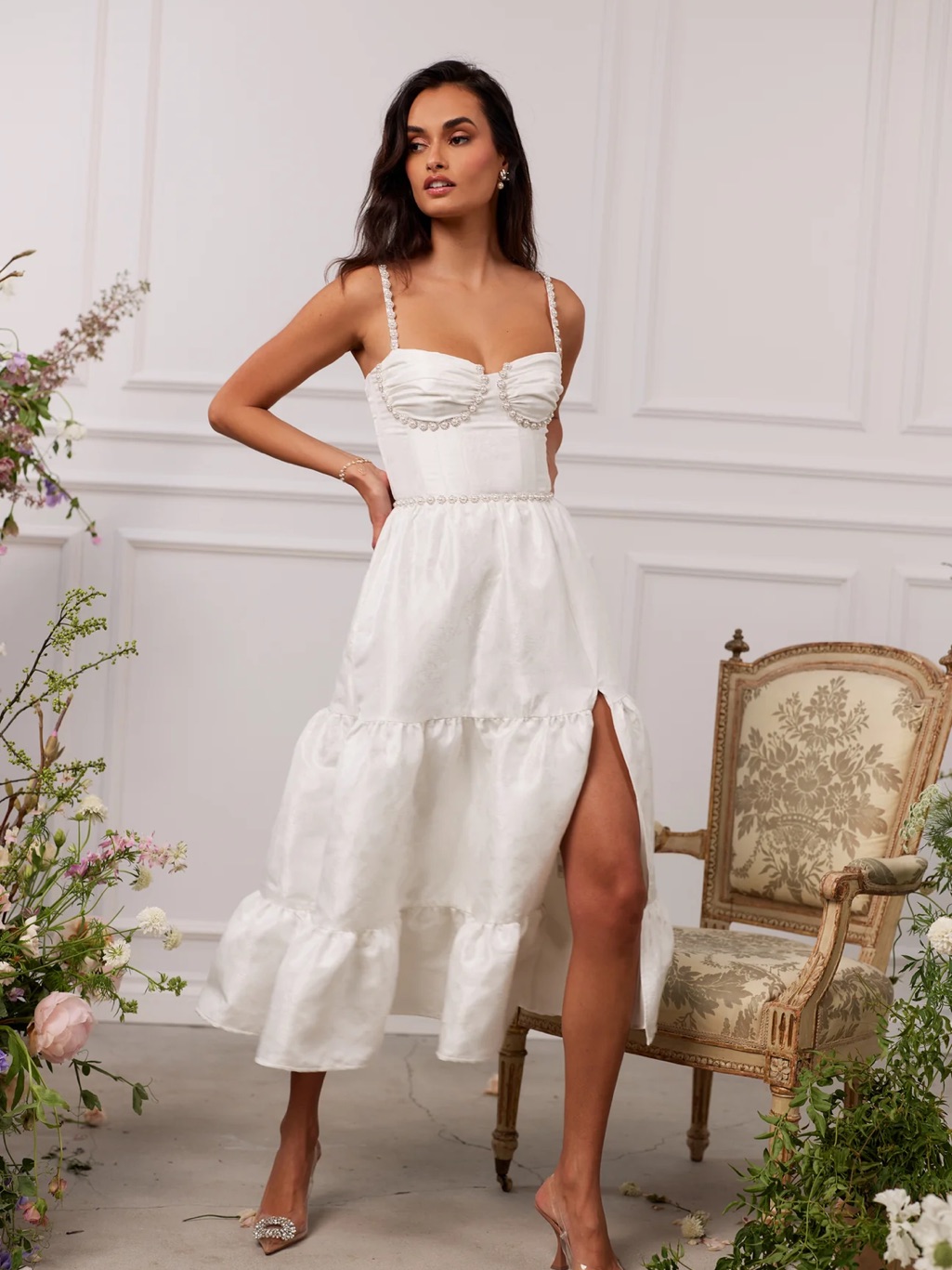 V. Chapman Lorenza Dress- White Tiered Midi Dress With Beaded Straps